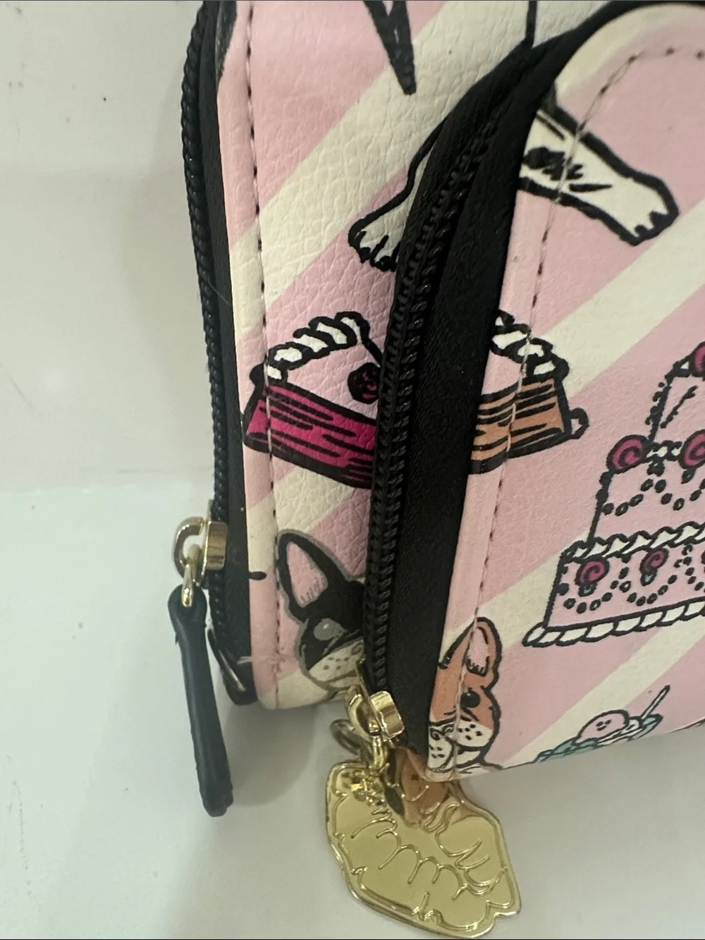 Betsey Johnson Pink Striped Dessert & Pug Zip Wallet